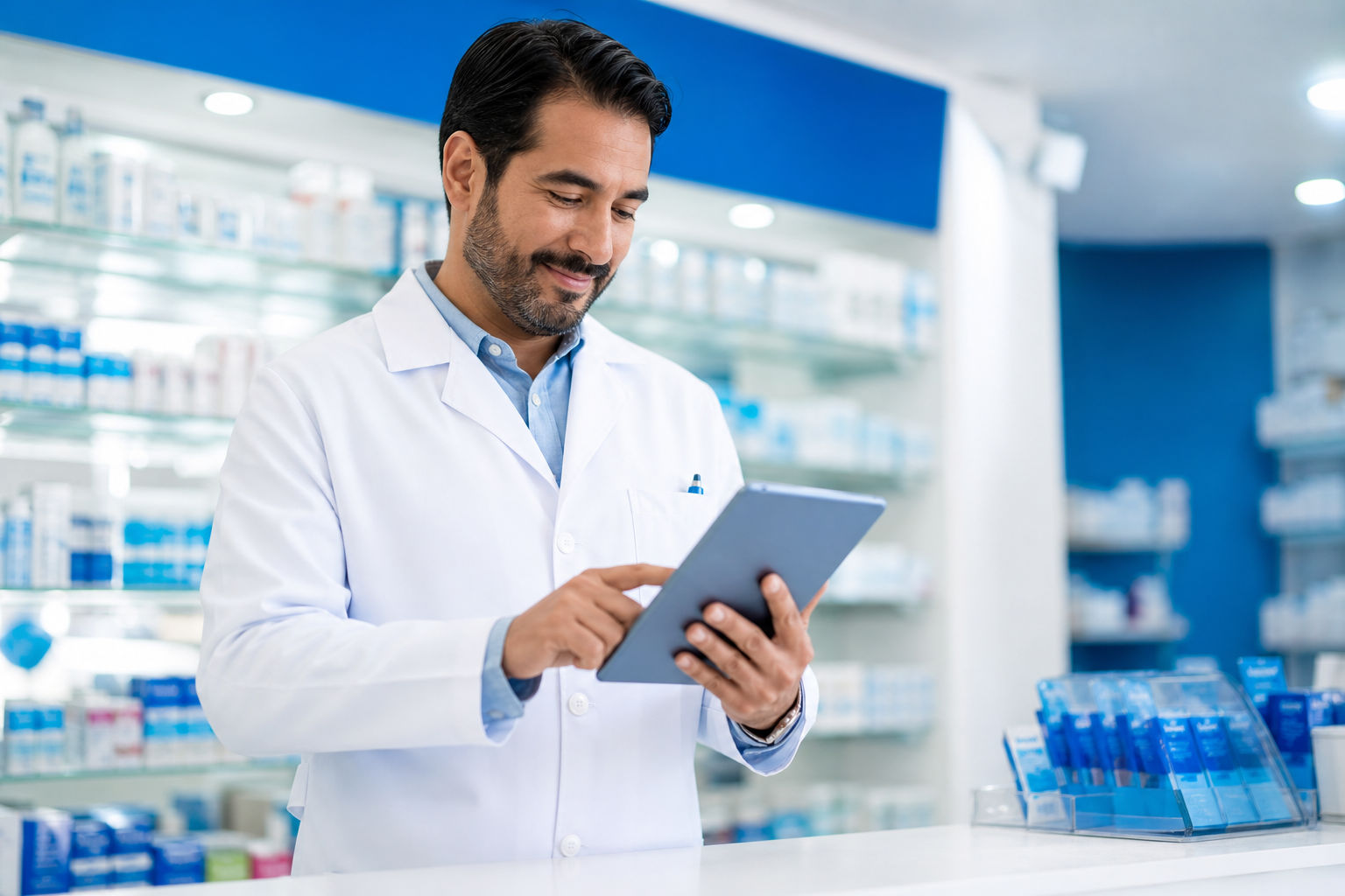 Farmacéutico usando Livora en el mostrador de una farmacia